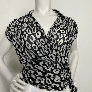 The Kooples Black White Leopard Print Short Sleeve Side Tie Wrap Blouse Size S